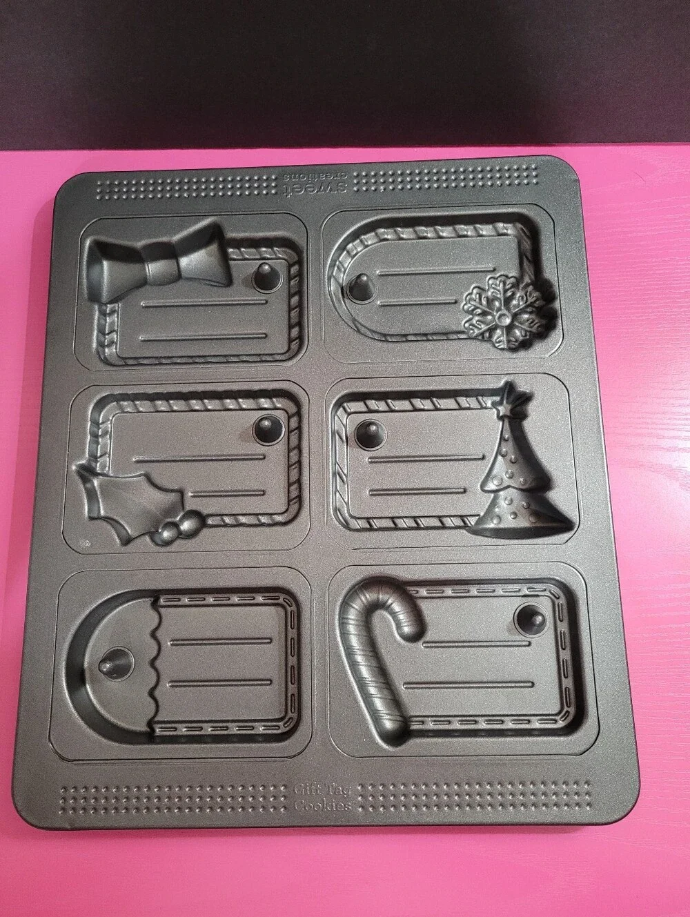 Sweet Creations Holiday Gift Tag Cookie Mold 6-Cavity Nonstick Baking Pan